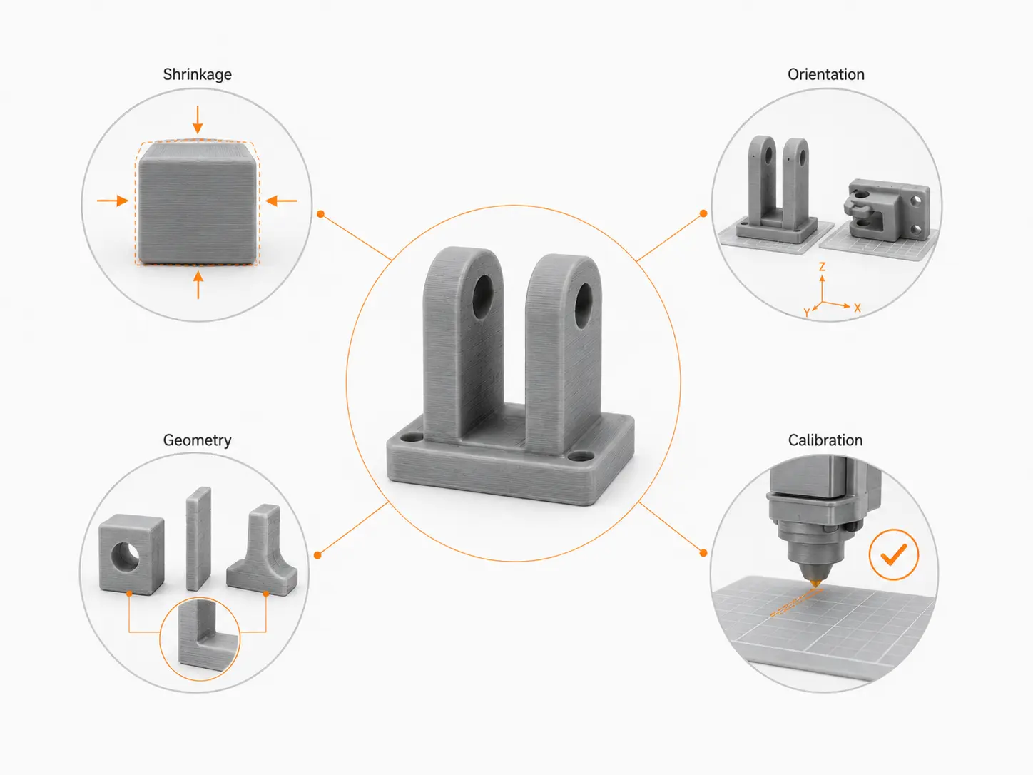 Four factors affecting 3D printing tolerances including shrinkage, orientation, geometry, and calibration