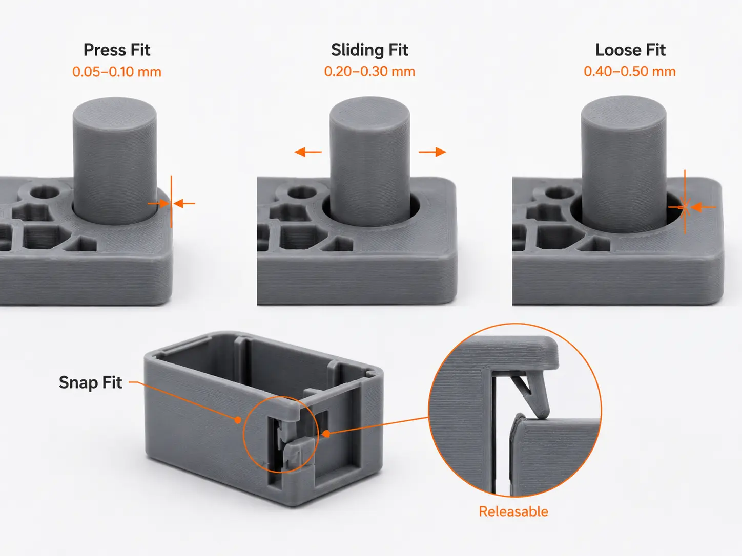 3D printing clearance and fit design examples showing press fit, sliding fit, loose fit, and snap fit
