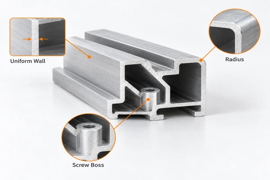 Custom profile detail showing uniform wall, a radius at a junction and a screw boss