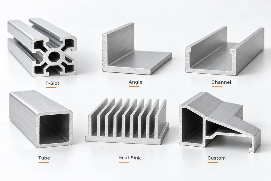 Common extrusion shapes: T-slot, angle, channel, tube, heat sink and a custom section