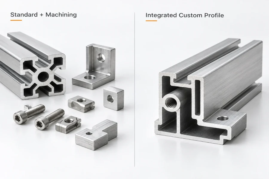 A standard T-slot section with separate machined parts beside an integrated custom profile