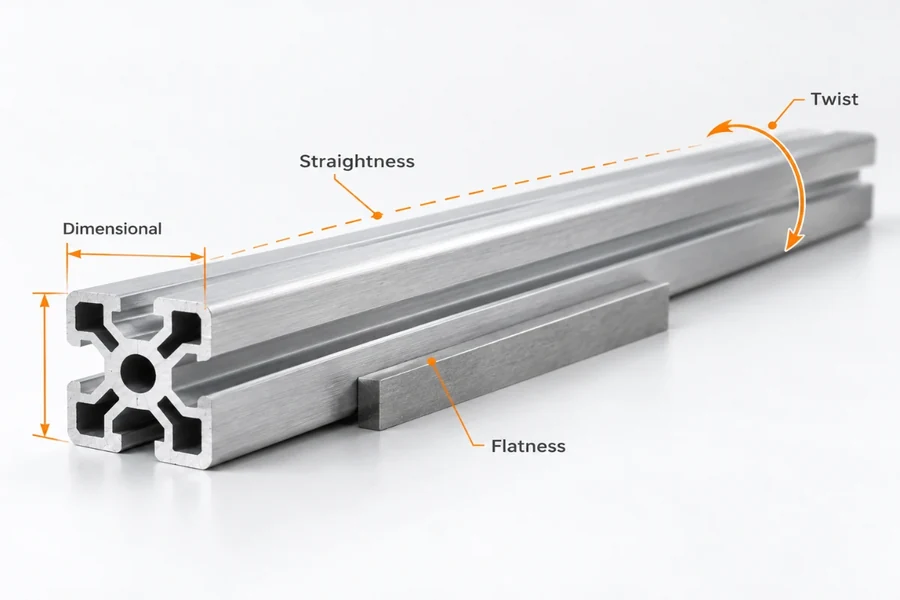 Extruded profile annotated with dimensional, straightness, twist and flatness tolerances