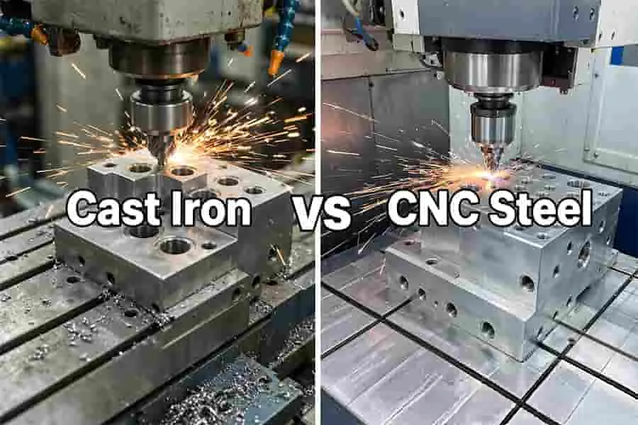 Cast iron and CNC steel manifold blocks being machined side by side