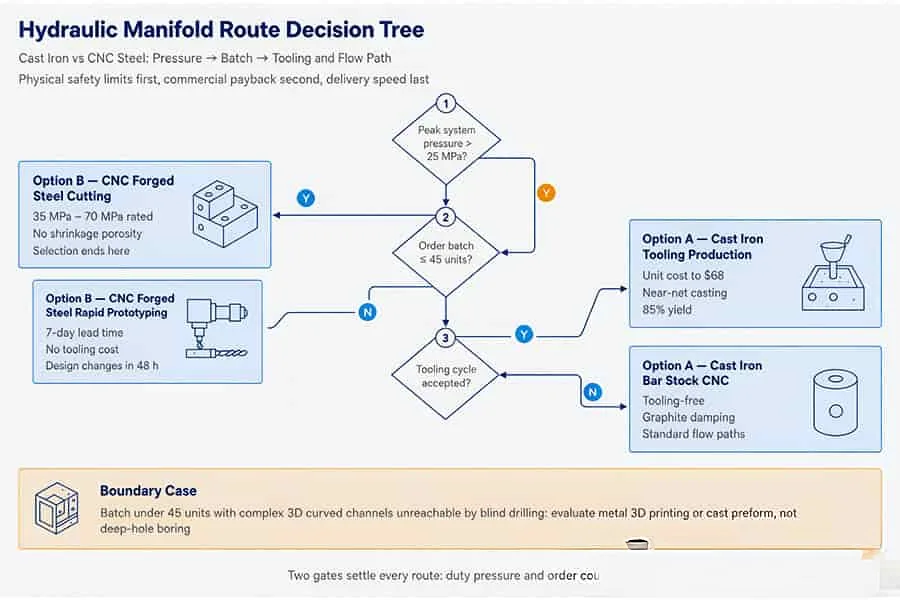 Decision tree for choosing cast iron or CNC steel hydraulic manifolds