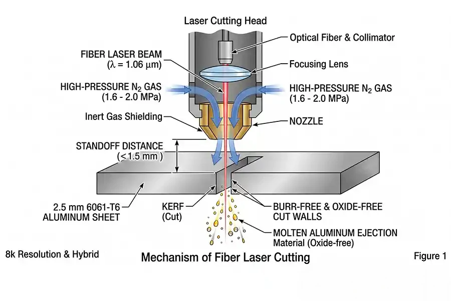 Mechanism of fibre laser cutting: beam, nitrogen assist and kerf