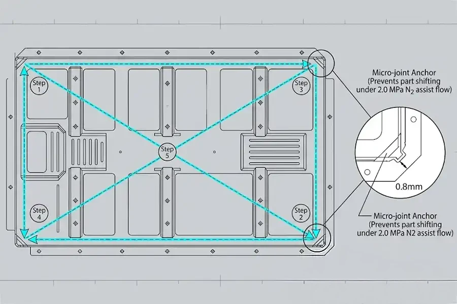 Tray cutting sequence with leapfrog steps and 0.8 mm micro-joint anchors