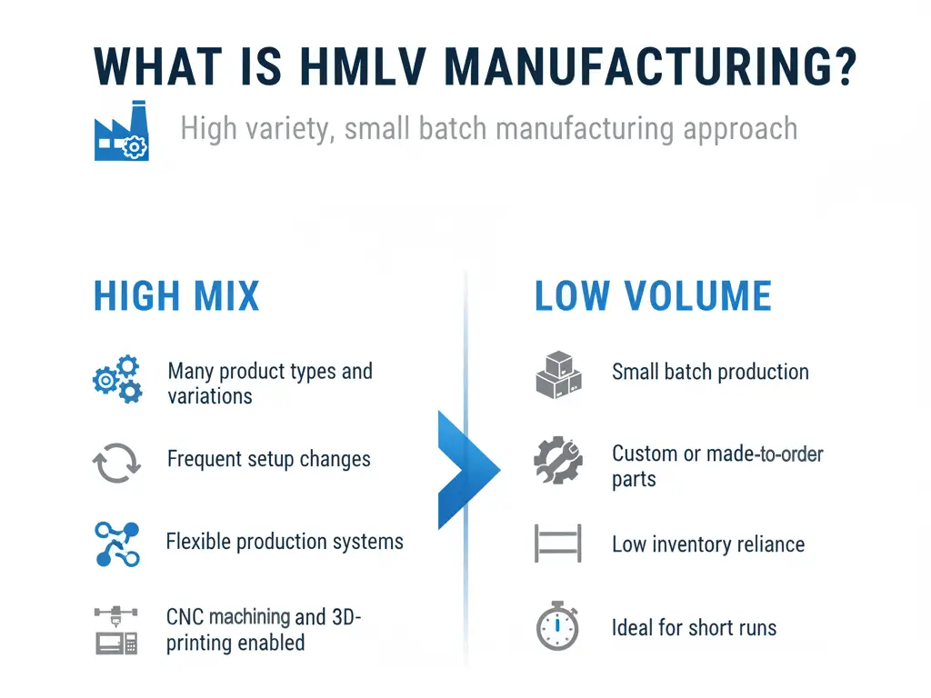 Infographic Explaining High Mix Low Volume (hmlv) Manufacturing And Its Key Characteristics