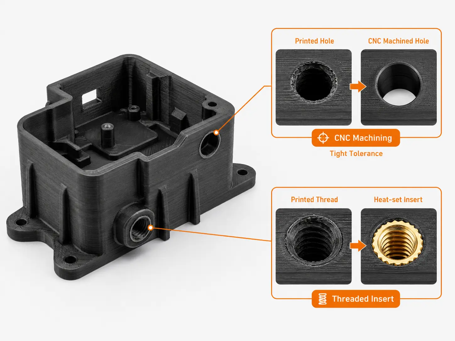 CNC machining and threaded inserts for 3D printed parts