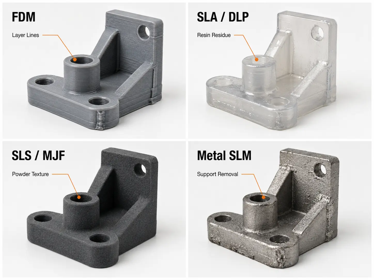 Different 3D printing technologies and surface conditions