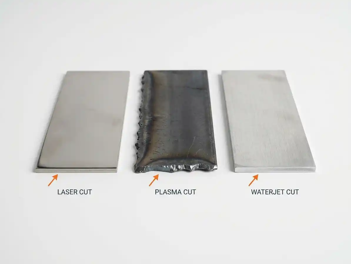 Side-by-side comparison of three metal coupons: Laser Cut with smooth clean edge, Plasma Cut with heat-affected zone and dross, Waterjet Cut with pristine cold-cut edge and no thermal effect