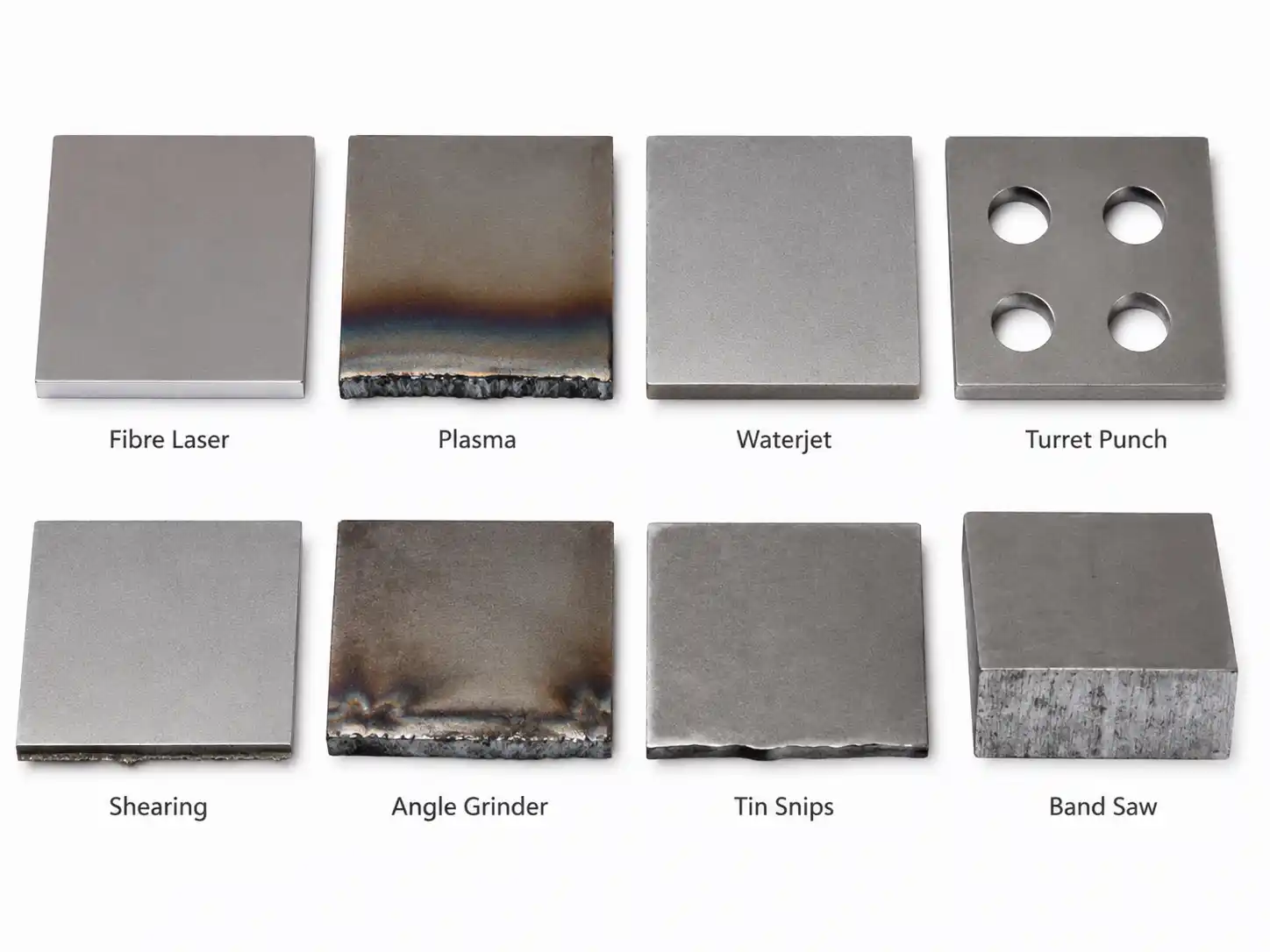 4x2 grid of eight metal sample coupons comparing sheet metal cutting methods: Fiber Laser, Plasma, Waterjet, Turret Punch, Shearing, Angle Grinder, Tin Snips, and Band Saw &mdash; each showing characteristic edge quality