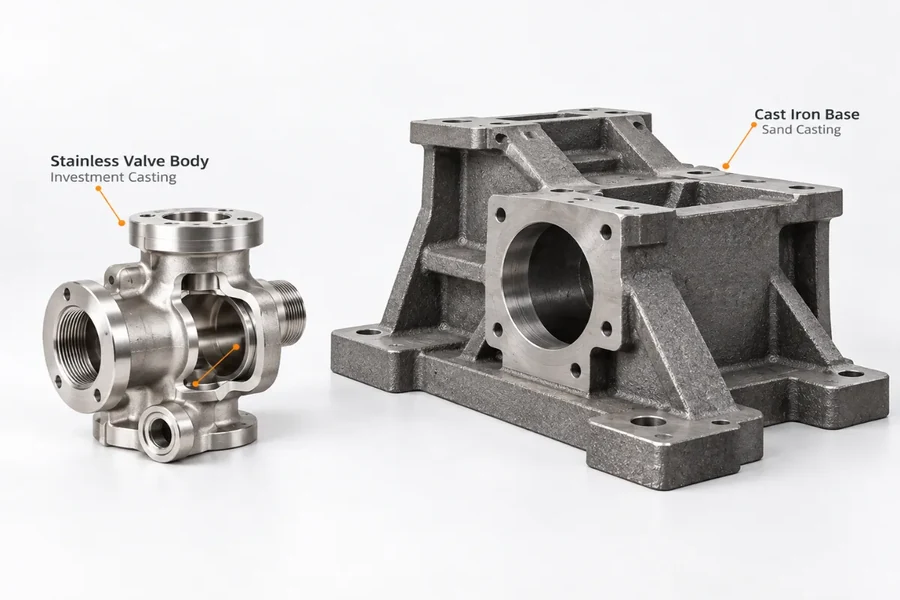 Stainless valve body cast by investment and a cast iron base cast in sand