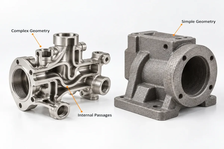 Complex investment casting geometry with internal passages beside a simple sand casting