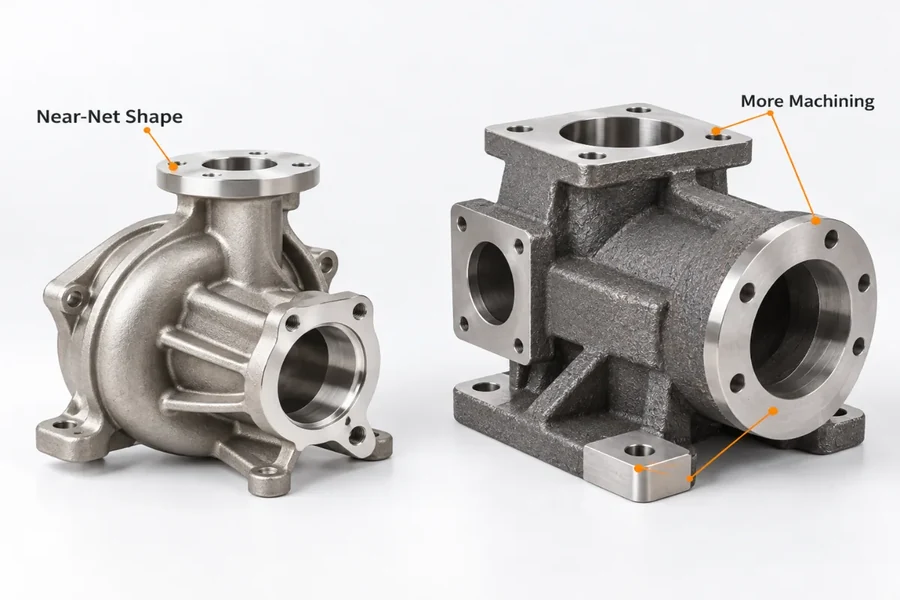 Near-net investment casting beside a sand casting with stock left on the machined faces