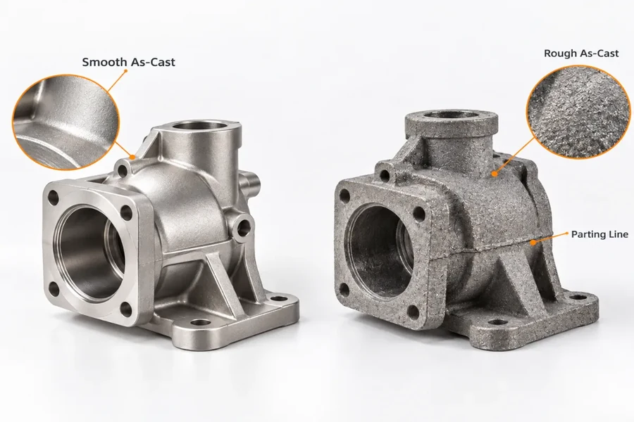 Smooth as-cast investment casting beside a rough as-cast sand casting with a parting line