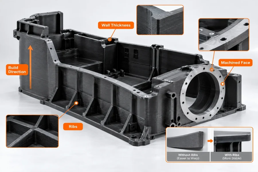 Large printed part showing build direction, ribs, wall thickness and a machined face