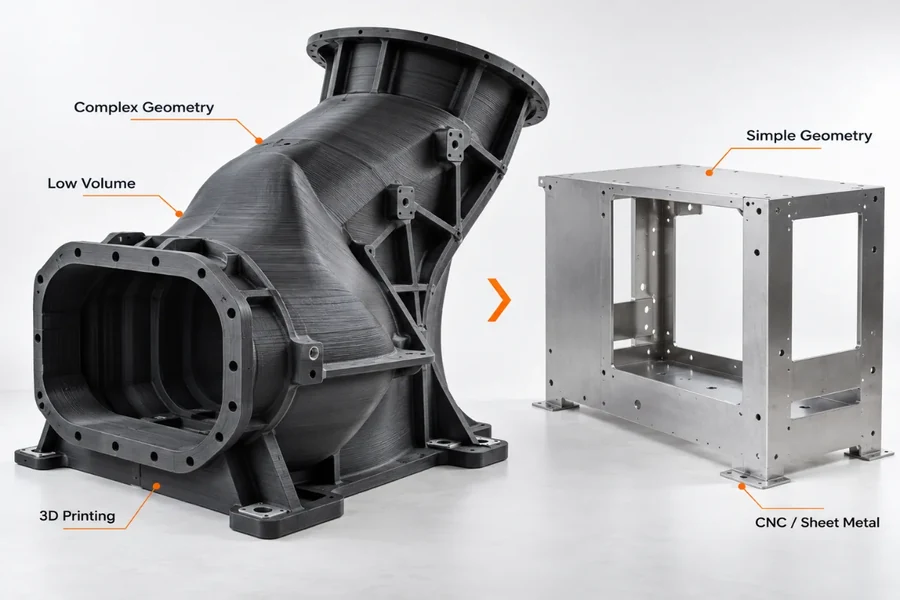 Complex low-volume printed part beside a simple frame that suits CNC or sheet metal