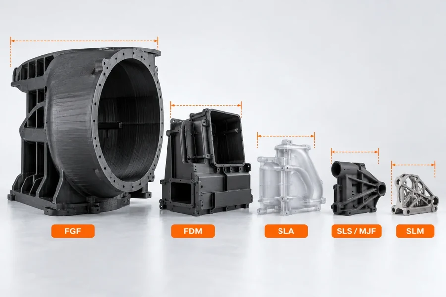 Process envelopes compared on the same bracket form, pellet FGF down to SLM