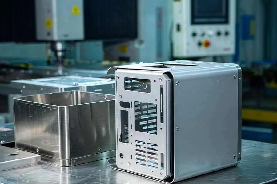 Welded stainless steel enclosure with vent slots and pressed hardware