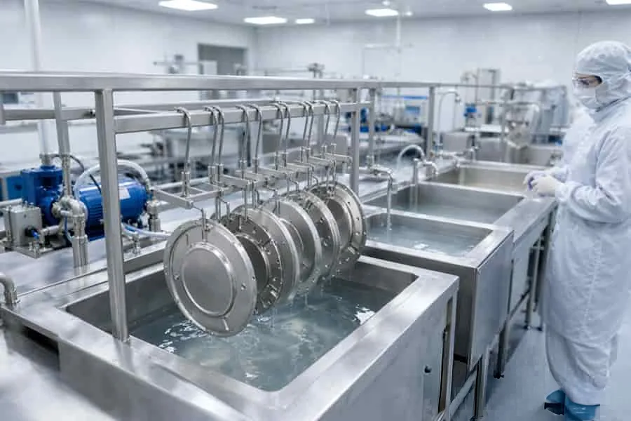 Operator in cleanroom clothing lowering stainless medical parts on a rack into a passivation tank