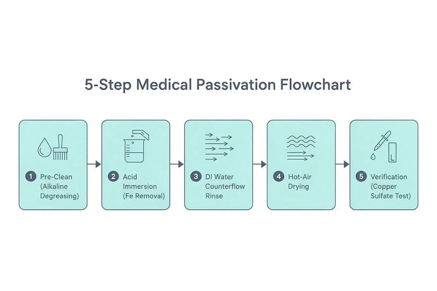Five-stage passivation flow: pre-clean, acid immersion, DI water counterflow rinse, hot-air drying, verification