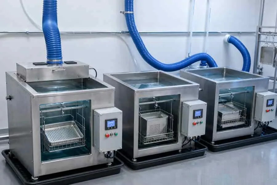 Three stainless passivation tank stations with extraction and control panels
