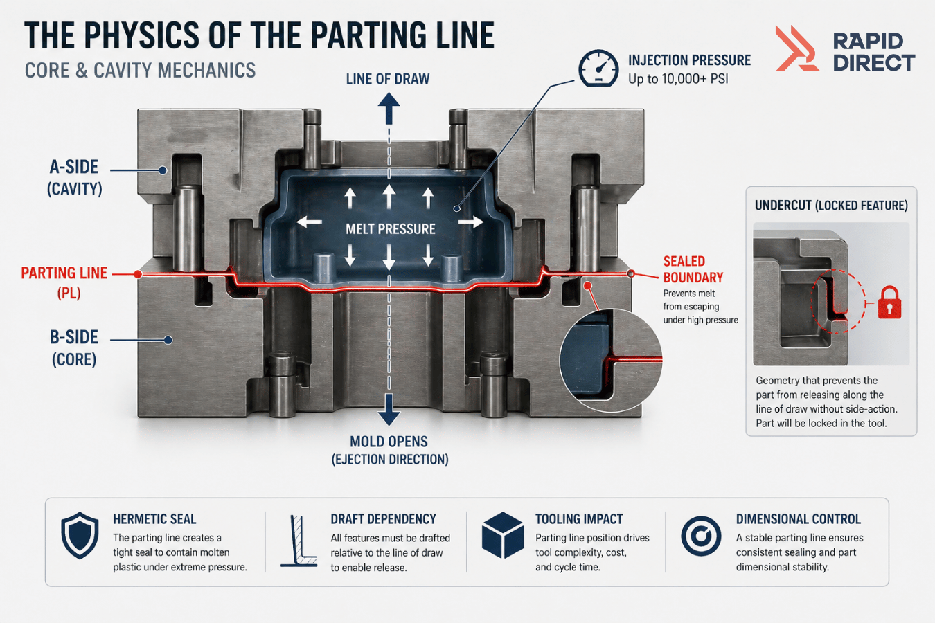 The Physics of the Parting Line (Core & Cavity Mechanics)