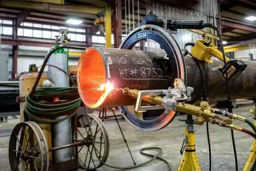 Pipe end mounted in a beveling fixture with a cutting torch head