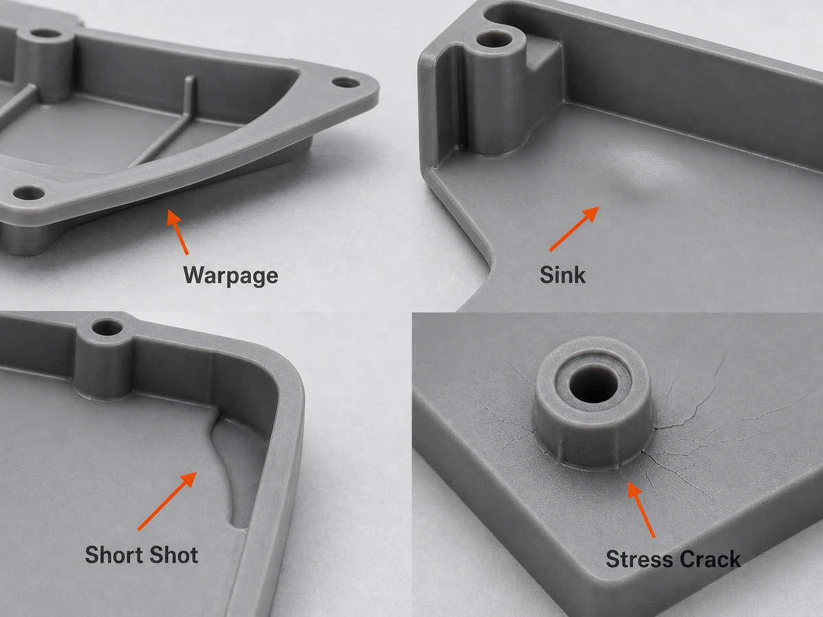 Examples of warpage sink short shot and stress cracking in PE