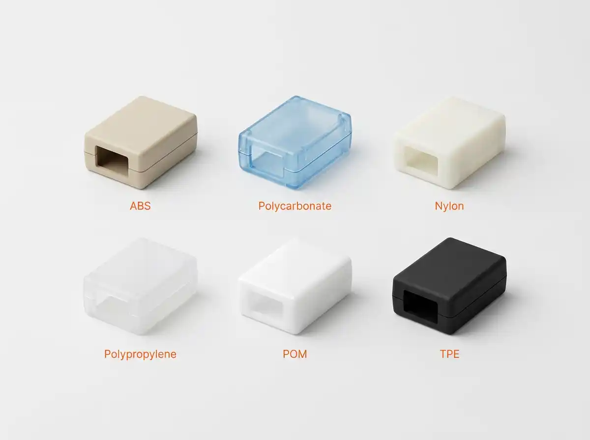 Six injection-molded plastic parts in different resins &mdash; ABS, Polycarbonate, Nylon, Polypropylene, POM, and TPE