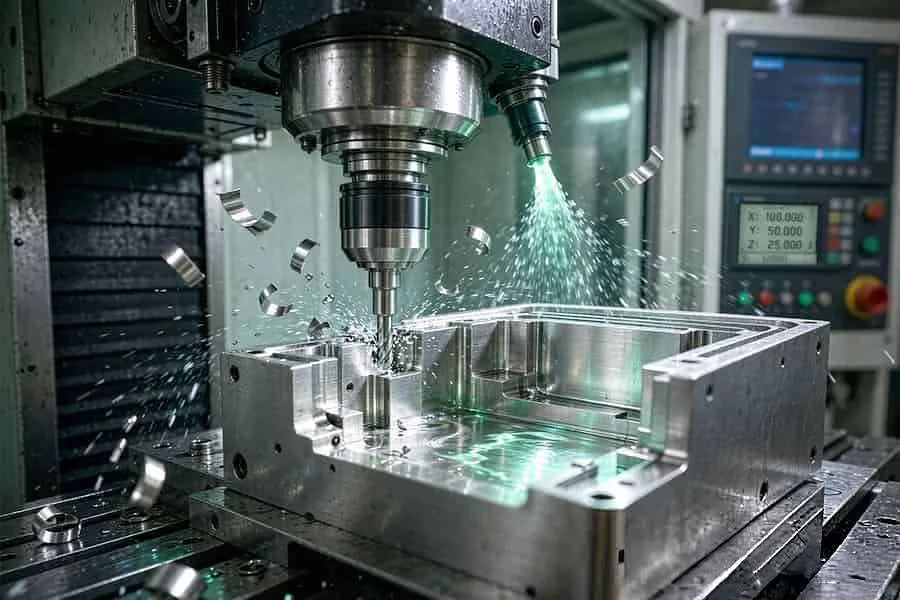 Five-axis machining centre cutting an aluminium housing cavity under coolant