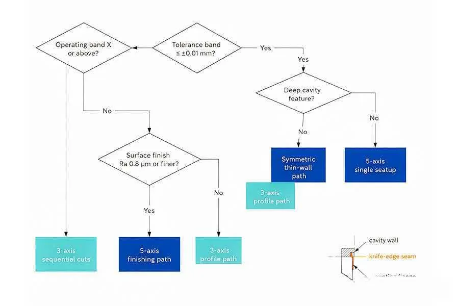 Decision path for choosing 3-axis or 5-axis machining and the tolerance band on an RF enclosure