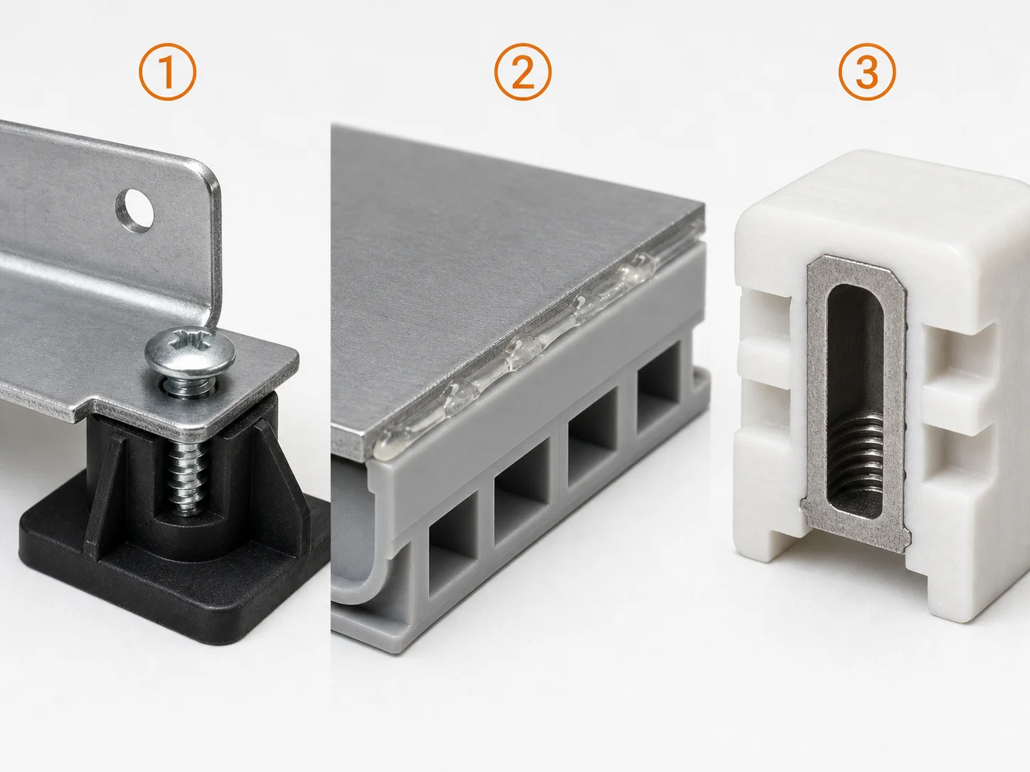 Three methods to join sheet metal to plastic: self-tapping screw into boss, epoxy adhesive bead, and overmolded metal insert