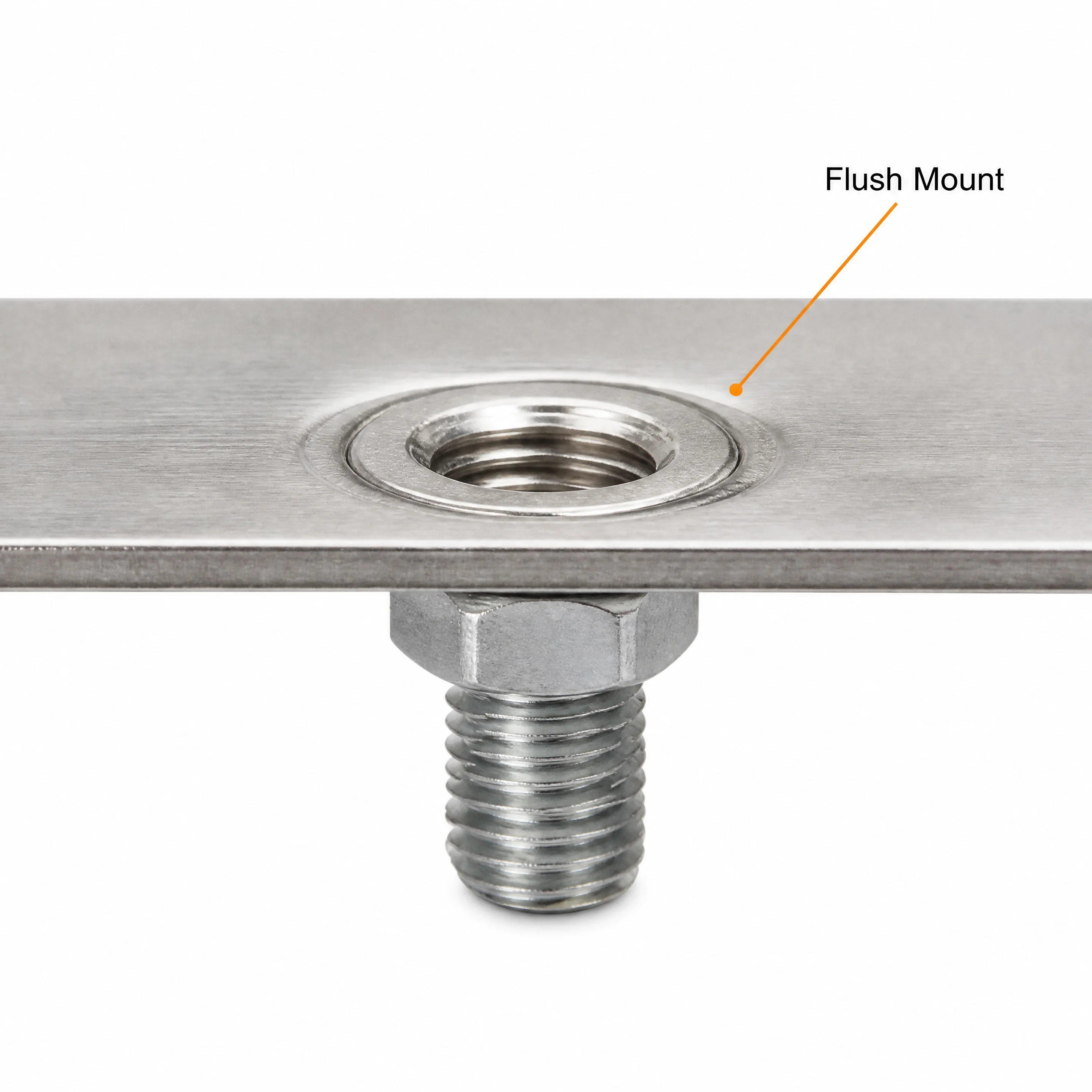 PEM self-clinching nut flush-mounted in thin stainless steel sheet with hex bolt threaded through