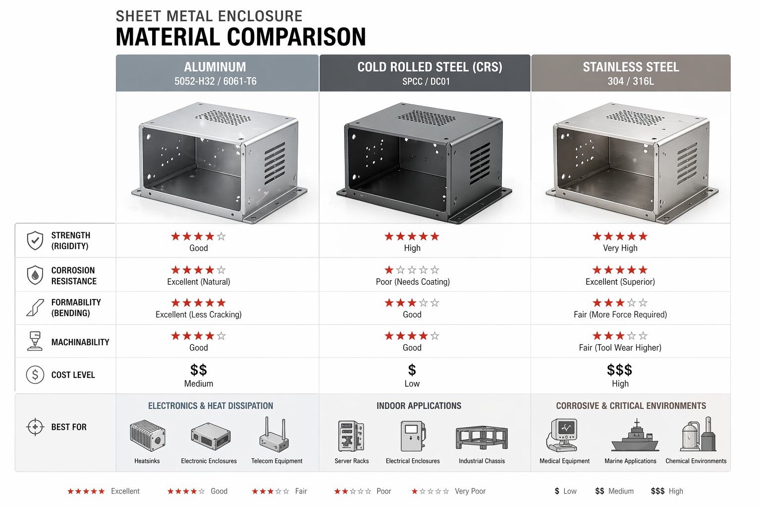 sheet metal enclosure material comparison aluminum steel stainless