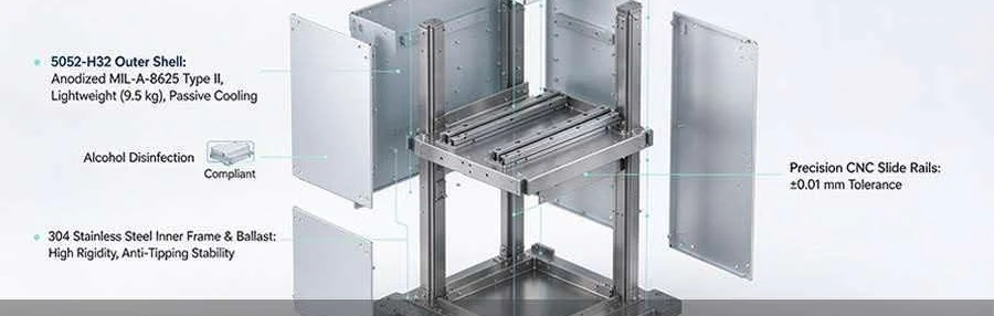 Exploded view of a hybrid medical cart: aluminium outer shell over a stainless frame