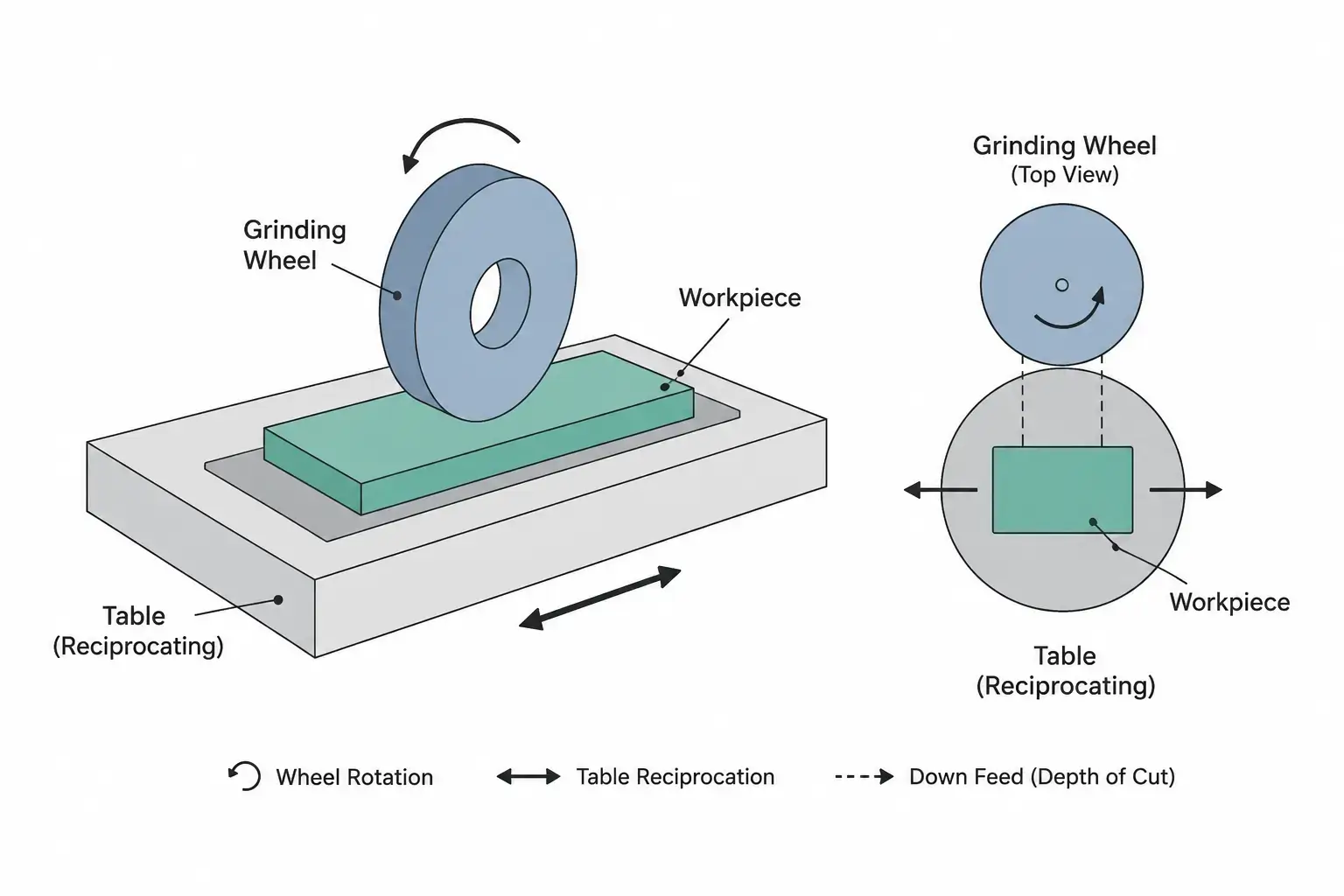 Abrasive wheel of a surface grinder in contact with a flat workpiece