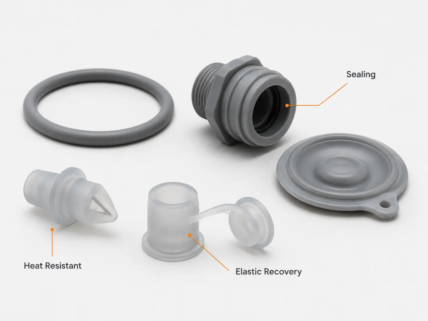 Silicone seals, valves, and diaphragms