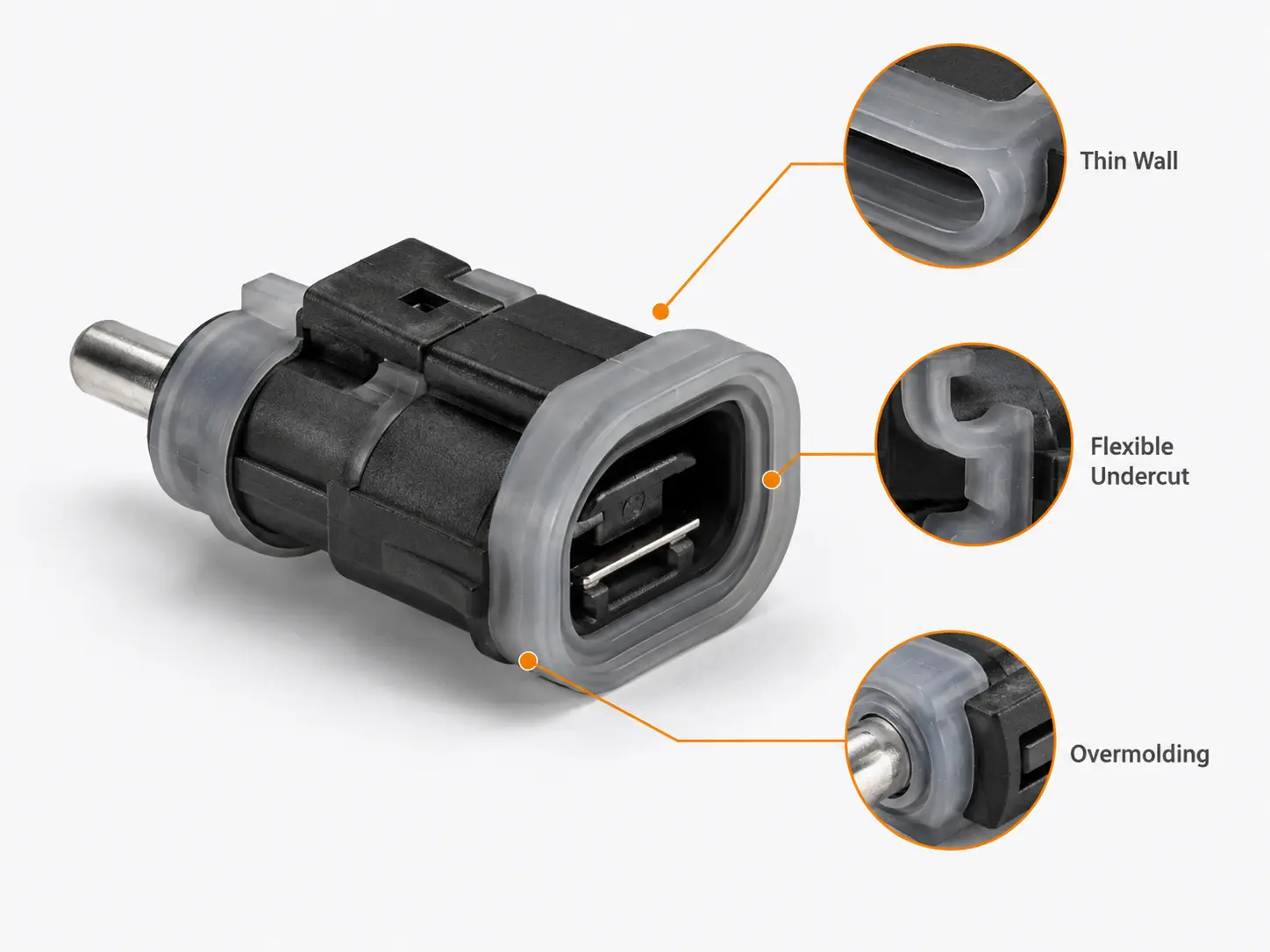 Silicone overmolded connector details