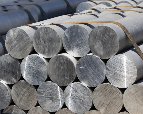 Bundles of aluminum round bar in the warehouse