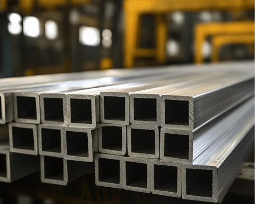 Stacks of aluminum square pipe in the warehouse