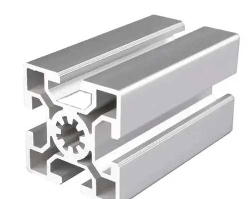 Aluminum T-slot and angle profiles stacked in the warehouse